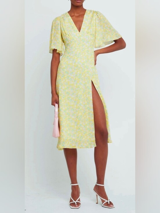 Anthropologie Dresses & Skirts - Anthropologie OPT enata Yellow Floral Flutter Sleeve High Slit Midi Dress Sz S